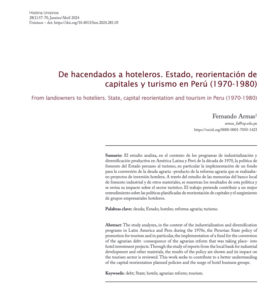 [Nueva publicación] Transformación y Turismo en el Perú: de Hacendados a Hoteleros